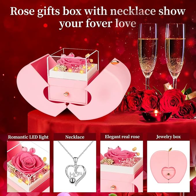 Gifts for Mom from Daughter and Son, Unique Mother Birthday Gift Idea, Preserved Pink Real Roses with I Love You in 100 Languages Mom Necklace, Cool Present to Mother Mama-Pink