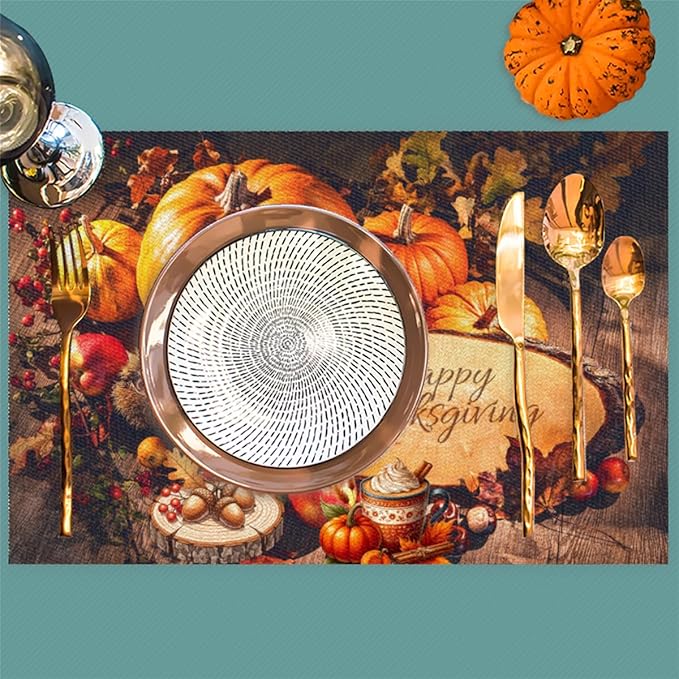 Thanksgiving Holiday Modern Pumpkins Placemats Set of 6 PVC Vinyl Non Slip Table Mats Heat Resistant Place Mats Washable Wipeable Dining Table Mat for Kitchen Party Indoor Outdoor Decorative Gift