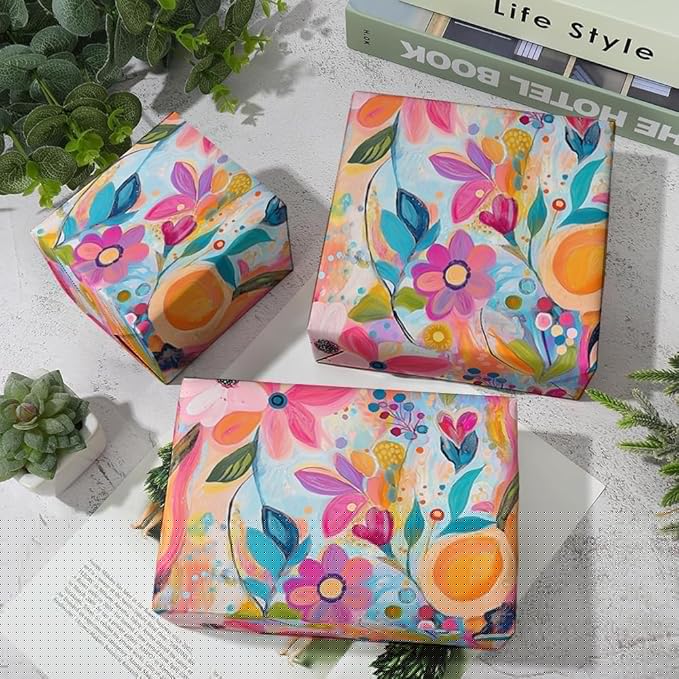 WALL-KNACK 17" X 393" Vibrant Texture Colorful Flower Orange Wrapping Paper Gift Wrap Roll for Wedding, Mother's Day, Holiday, Baby Shower, Women Girls Gifts, Birthdays, Bridal Shower and Engagement