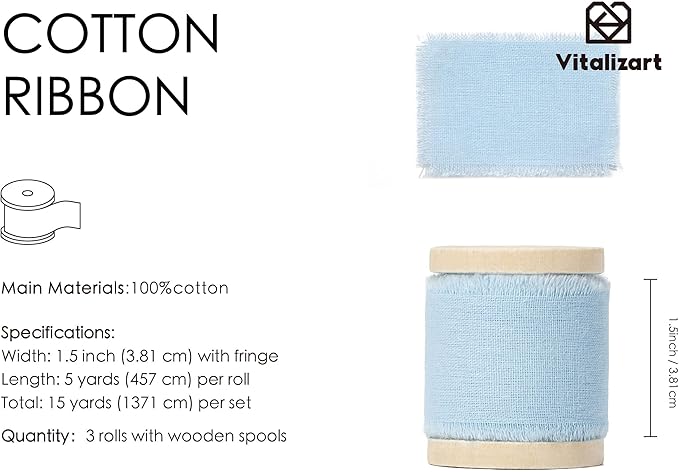 Vitalizart Baby Blue Ribbon 1-1/2" x 15 Yd 100% Cotton Handmade Frayed Fringe Fabric Ribbons for Gift Wrapping Wedding Invites Bridal Shower Bouquets Christmas Decorations