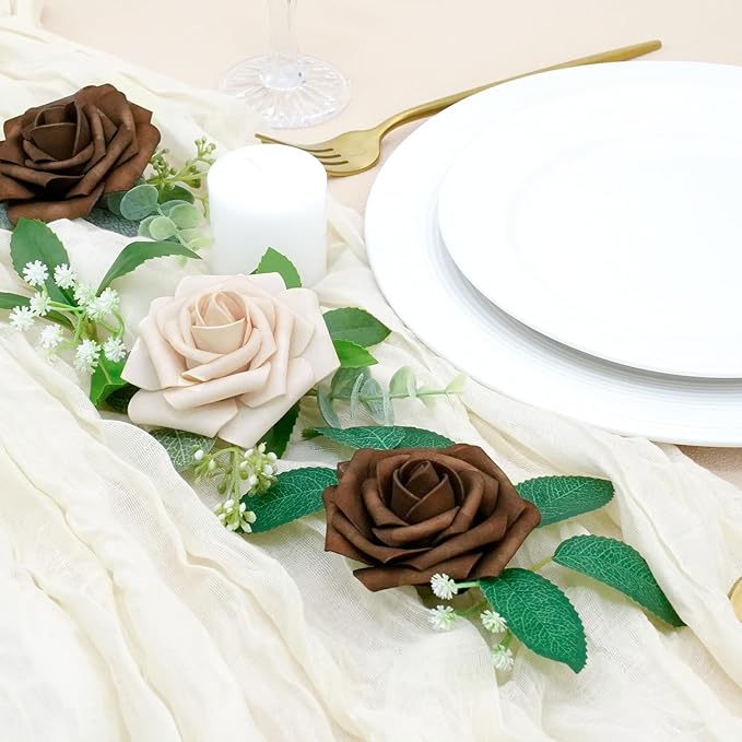 Artificial Flowers, 25pcs Brown and Tan Artificial Flower for DIY Wedding Bouquets Centerpieces Arrangements, Artificial Rose with Stem for Party Home Decorations