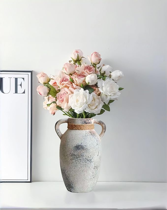 Ceramic Flower Vase with 2 Handles,9.8 inch Large Farmhouse Rustic Terracotta Vases for Decor，Gray