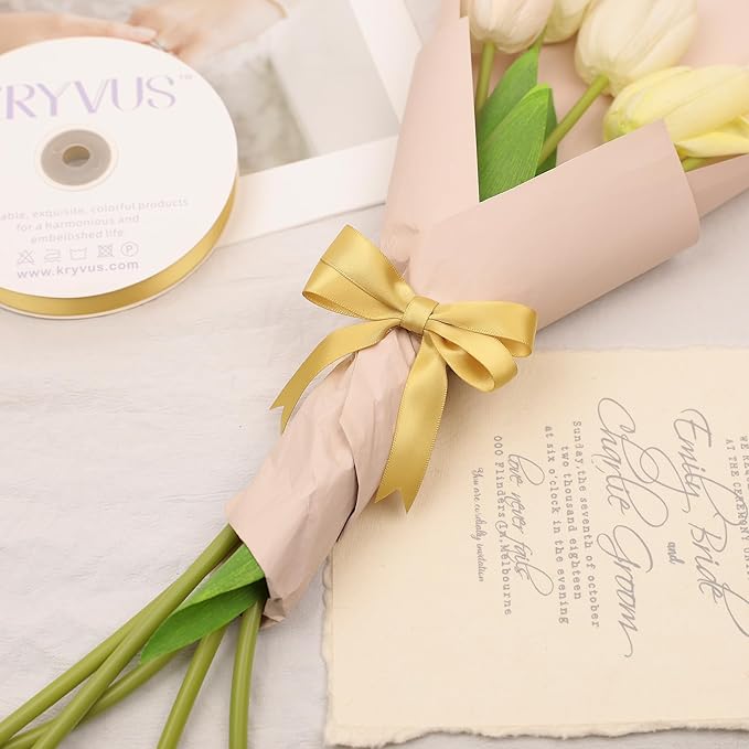Light Gold Satin Ribbon, Double Faced 5/8 Inch X 50 Yards Light Gold Ribbon, Premium Satin Ribbon for Gift Wrapping, Crafts, Hair Bow Making, Sewing, Flower Bouquet, Wedding Party Decor
