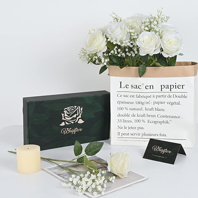 Waipfaru 20 Pcs Fake White Roses Babys Breath Artificial Flowers Bulk, Silk White Rose Faux Babys Breath with Long Stems for Wedding Bouquet Vase Flower Arrangement