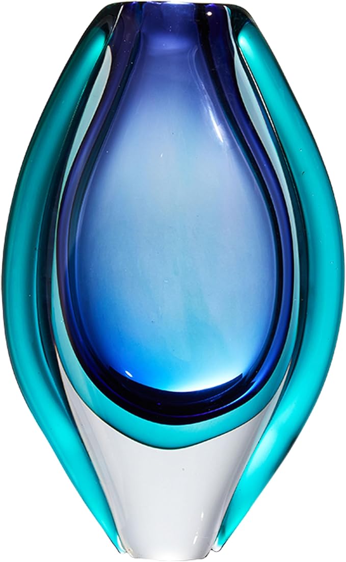 Luxury Lane Hand Blown Sommerso Oval Art Glass Vase for Decor 10 inch Tall Centerpiece Table Decoration London Blue