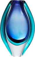 Luxury Lane Hand Blown Sommerso Oval Art Glass Vase for Decor 10 inch Tall Centerpiece Table Decoration London Blue