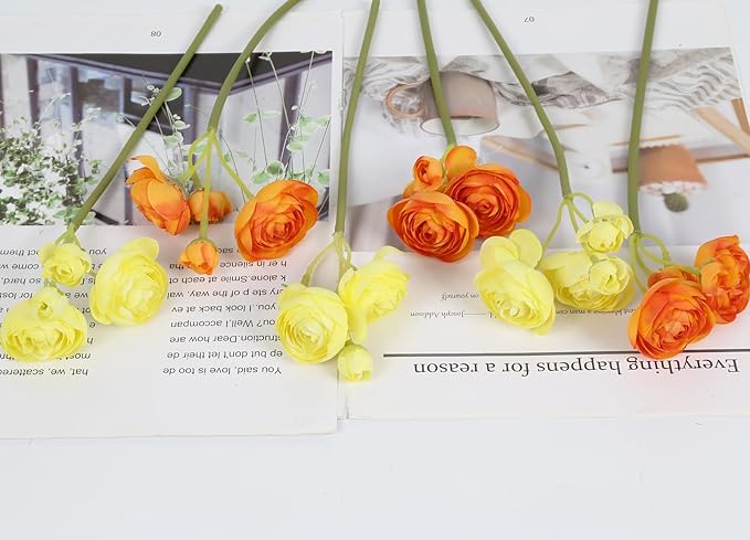 IPOPU Artificial Ranunculus Silk Flowers with Stems 12PCS Mini Fake Flowers for DIY Wedding Bouquet Bridal Shower Decorations Floral Filler Flowers Centerpieces (Orange Yellow)