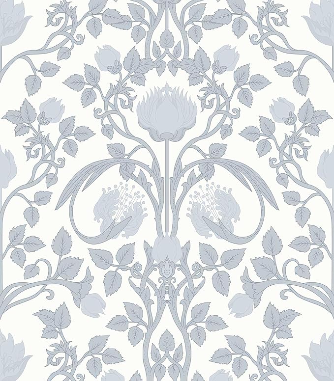 17.3" × 393.7" Blue Floral Peel and Stick Wallpaper, Damask Vintage Wallpaper for Bedroom Bathroom Self Adhesive Removable