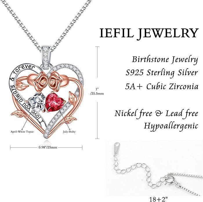 Iefil Rose Heart Double Birthstone Necklace Gifts for Wife Her Mom Women, Birthstone Jewelry Gemstone Birthday Gifts for Girlfriend Grandma Her Wife Women