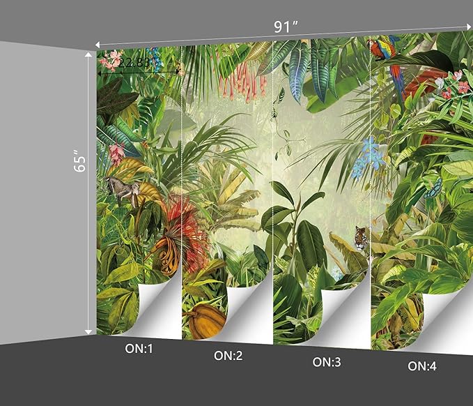 Tropical Botanical Animal Floral Bird Wallpaper Woodland Forest Tree Nursery Kids Bedroom Plant murals Living Room tv Background Large Wall Mural - 91"x65" Not Peel and Stick