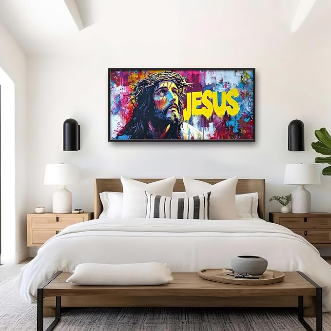 Banksy Jesus Large Wall Art Graffiti Framed Wall Decor for Living Room Pop Street Pictures Oversized Canvas Print Painting Modern Extra Large Framed Artwork for Bedroom Office 60"x30"