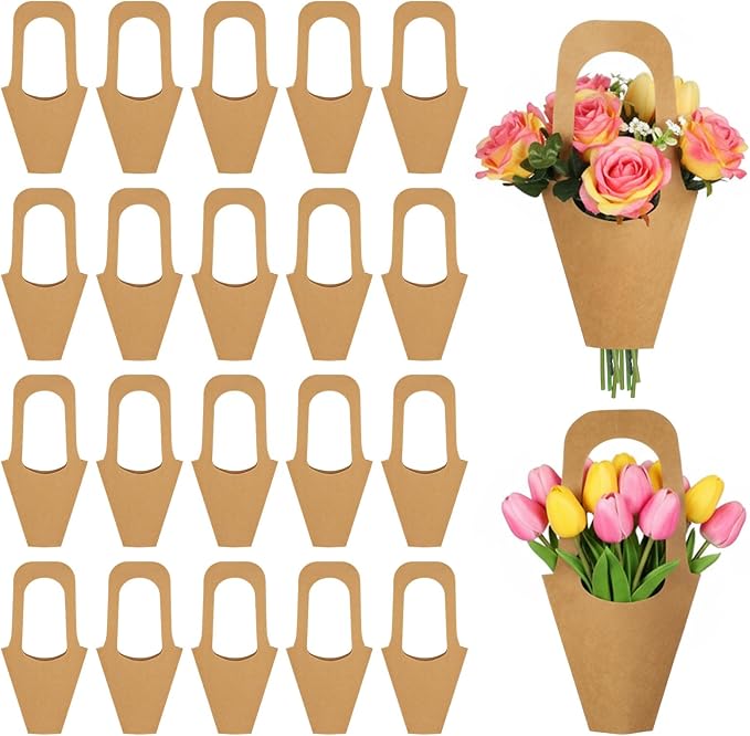 PercyEffie 50Pcs flower bags for bouquets Paper flower bags with Handles bouquet wrapping paper Bulk Brown stand accessories flowers bar supplies bouquets holder for Wedding Flowers Shop Home Decora