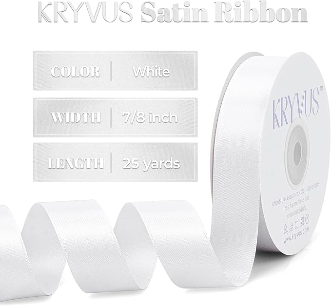 White Satin Ribbon, Double Faced 7/8 Inch X 25 Yards White Ribbon, Premium Satin Ribbon for Gift Wrapping, Crafts, Hair Bow Making, Sewing, Flower Bouquet, Wedding Party Decor