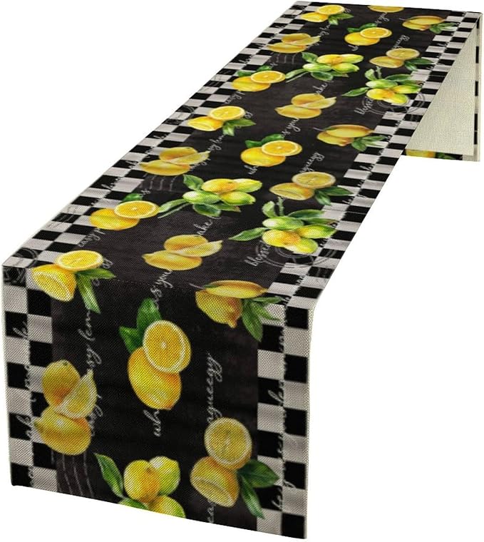 Lemon Table Runner , Summer Yellow Fruits Green Leaves Kitchen Dinning Table Decoration for Indoor Outdoor Home Party Decor 13x60 Inch