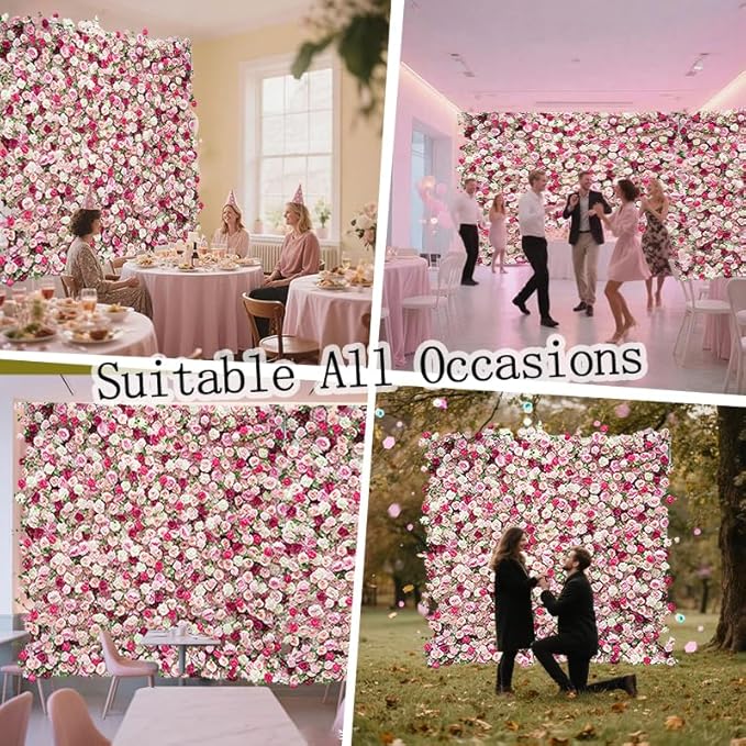 8x8ft(2 pcs of 4ftx8ft) Artificial Silk Fabric Flower Wall Cloth-Based Background 5D Pink Rose Fabric Rolling Up Floral Backdrop for Wedding Baby Shower Party and Home Decor