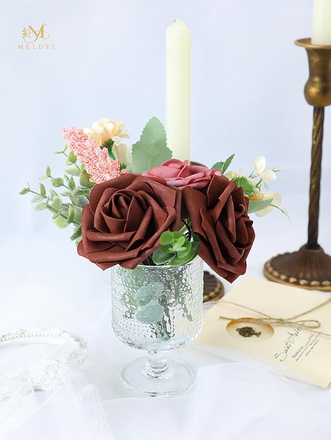 Meldel Artificial Flower 25pcs Real Touch Amber Fake Foam Roses with Stems for DIY Wedding Bouquets Gifts Bridal Shower Faux Floral Centerpieces Arrangements Home Party Tables Decorations