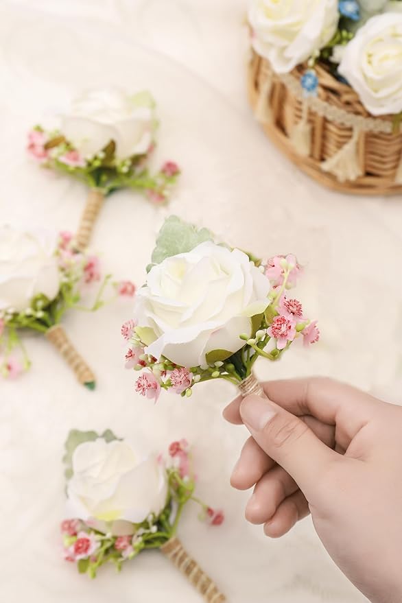 White & Pink Rose Corsage and Men Boutonniere Set for Wedding Ivory Corsages Wristlet Band Bracelet for Wedding Flowers Accessories Prom Suit Decorations