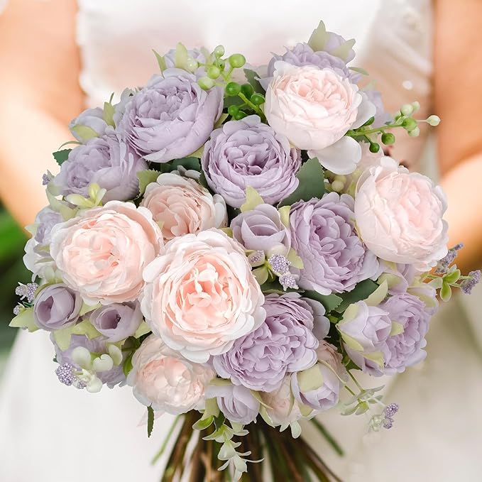 Peony Artificial Flowers, 4 Bundles Fake Peonies Faux Flower Centerpieces for Tables Vase, Bulk Pink Purple Silk Peonies Artificial Bouquet for Wedding Decorations Indoor Floral Arrangement