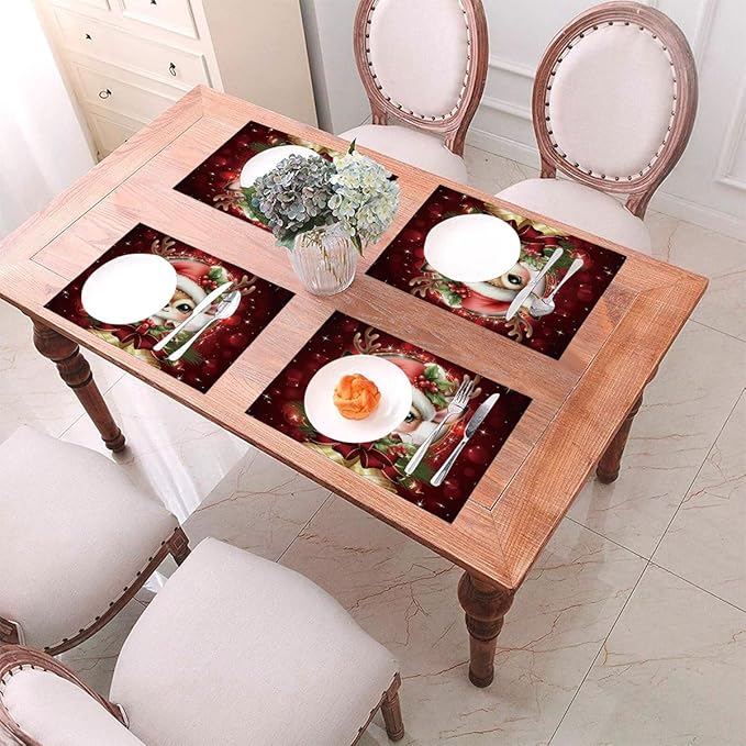 PVC Placemats Set of 1 Wipeable Table Mats Washable Heat Resistant Non Slip Vinyl Dining Table Mat for Kitchen Indoor Outdoor Patio Farmhouse Place Mats Red Christmas Bell Deer Decorative