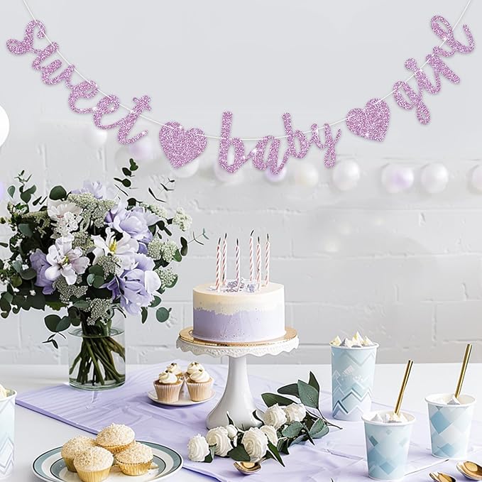 BEISHIDA Light Purple Glitter Girl Baby Banner,NO DIY, Pre-Strung Baby Gender Party Banner For Girls, Girls Shower Decorations,First Birthday Sweet party supplies