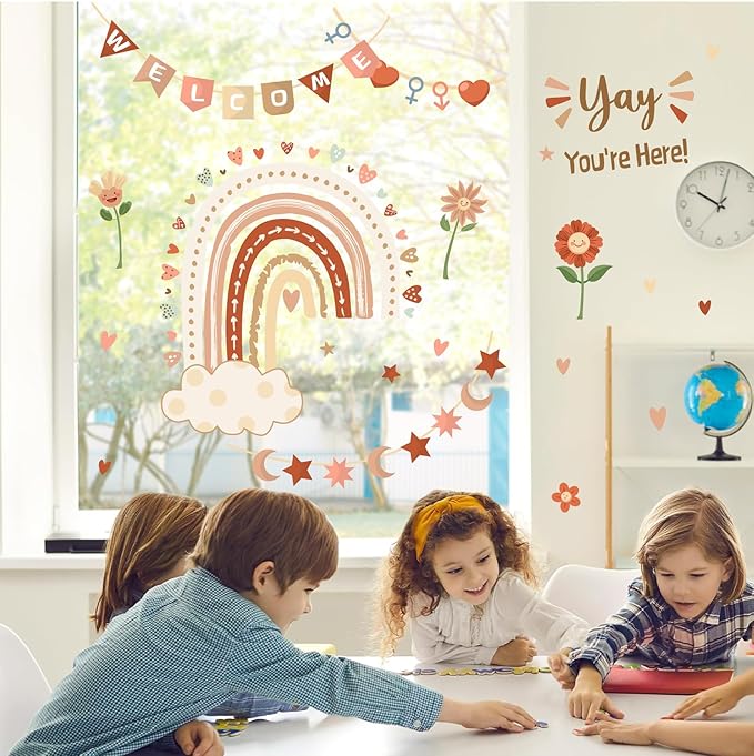 Welcome Classroom Welcome Signs Decals Boho Rainbow Bulletin Board Vinyl Stickers Peel and Stick Kids Nursery Decals for Front Door Wall Decors Yay You're Here Decor for Daycare Toddler Teacher Supply