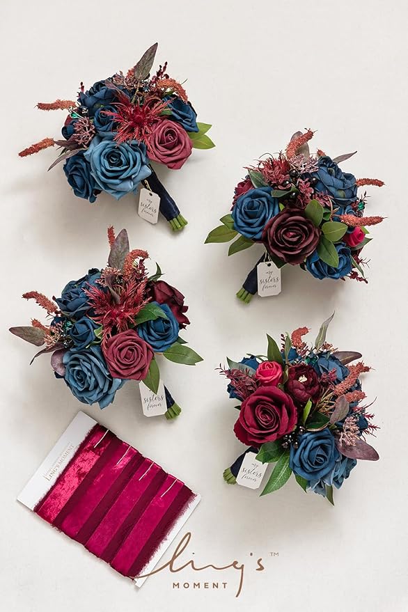 Ling's moment Terracotta Artificial Flowers Bridesmaid Bouquet Set of 4, Burgundy & Navy Blue Wedding Flowers Bouquets for Bridesmaids, 7 Inch Bridal Bouquets for Bridesmaids, Wedding, Ceremony