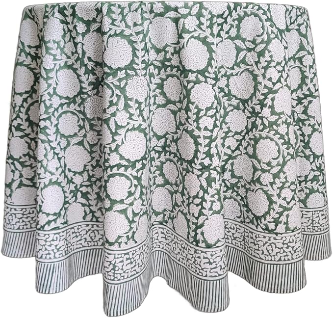 ATOSII Shalimar Green 100% Cotton Round Boho Fall Tablecloth, Handblock Floral Table Cloth Linen for Kitchen Dining I Parties Wedding Outdoors Christmas Thanksgiving I Fall Home Decor 90" Inches Round