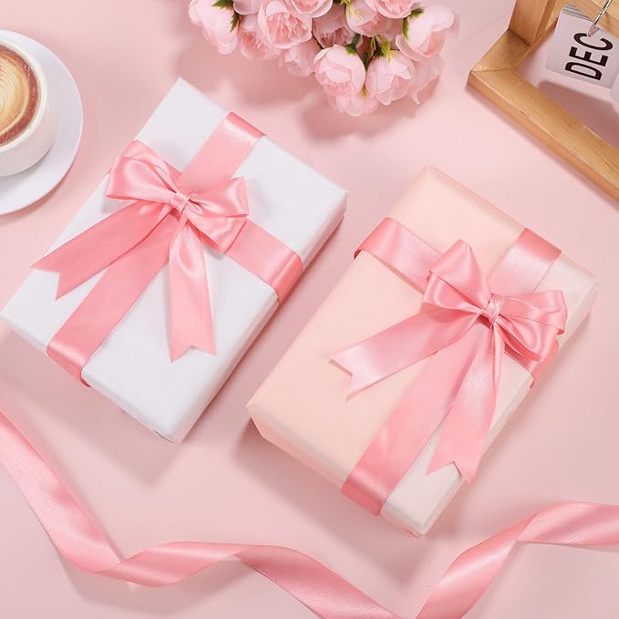 Pink Ribbon 1 inch 60 Yards Double Faced Pink Christmas Decor Ribbon for Lei Bows Crafts Gift Wrapping Flower Bouquet Wedding Party Vases Decorations