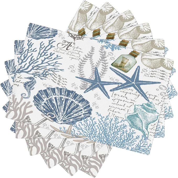 Nautical Placemats Set of 4,Summer Starfish Beach Theme Ocean Seashell,Blue Coastal Linen Fabric Table Mats for Home Kitchen Dining Party Decor 6 PCS