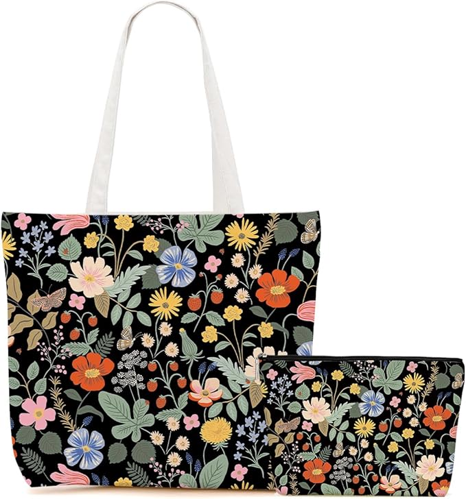 Aesthetic Floral Tote Bag Makeup Bag Flower Decor Gifts for Girls Christmas Shopping Grocery Bags Cosmetic Bags