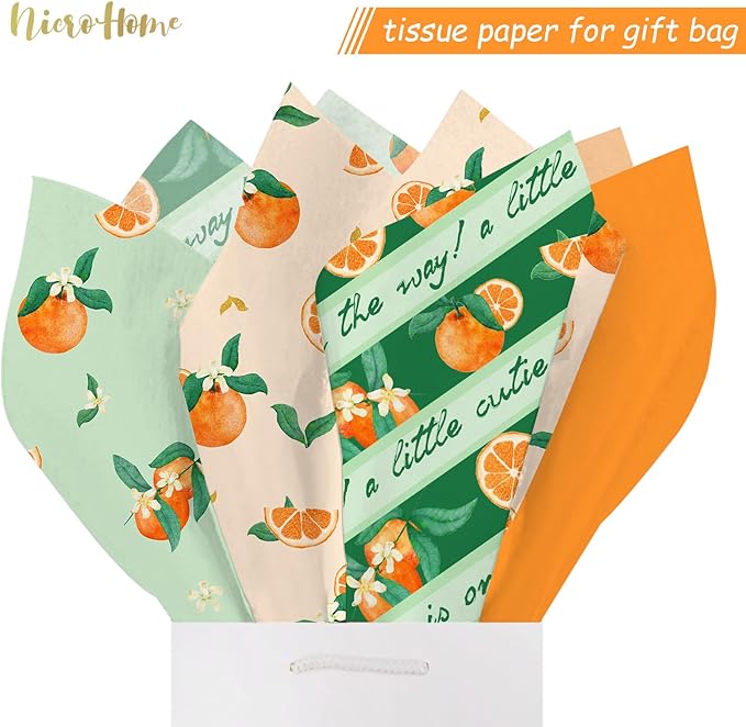NICROHOME EUR Little Cutie Baby Shower Decorations Tissue Paper, 24 Sheets Orange Green Citrus Print Gift Tissue Wrapping Paper for Birthday, Summer Party, Fruit Party Craft Wrapping