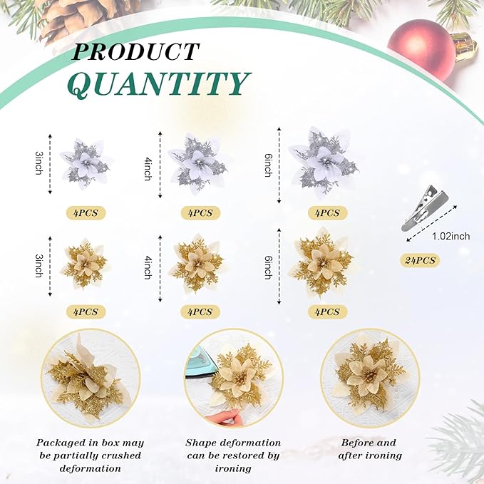 Geosar 24 Christmas Glitter Artificial Poinsettia Flowers Xmas Poinsettia Wedding Flowers Decorations Xmas Tree Ornaments with Clips for Party Favors, 6 Inch, 4 Inch, 3 Inch(Gold and Sliver)