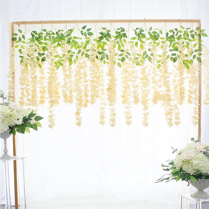 24 Pack Champagne Wisteria Hanging Flowers Garland, 3.77 Feet Artificial Flower Vines, Fake Wisteria, Artificial Vines Hanging Garland for Backdrop Outdoor Yard Garden Decor