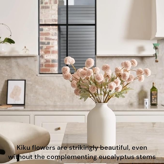 Beige Fake Flowers Silk 10 Mum Stems Eucalyptus Arrangement, Faux Flowers For Vase, Artificial Mums, Mini Floral Long Stem, Tan Nude Cream Neutral Floral, Chrysanthemum Pom Pom Floral Arrangement