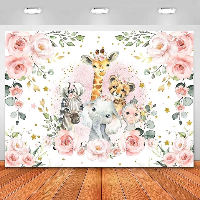 Sensfun Jungle Safari Baby Shower Backdrop It's A Girl Pink Floral Zoo Animals Baby Shower Party Decorations Wild One Birthday Photography Background Cake Table Banner Supplies (8x6ft)