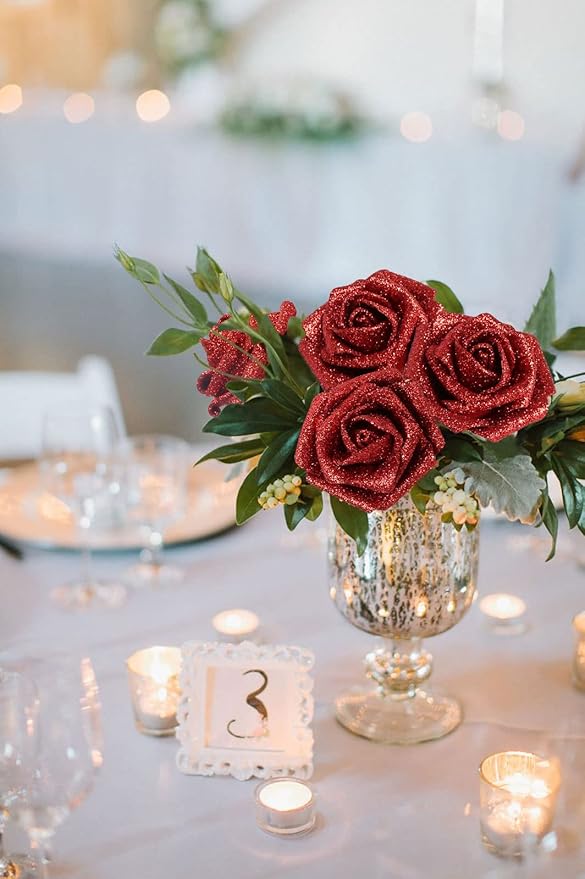 Artificial Flowers 30 pcs Red Glitter Roses Artificial Flowers with Stem, 2.36 in/6 cm Glitter Foam Roses Fake Flowers for DIY Wedding Bouquets Party Home Decor(Red)