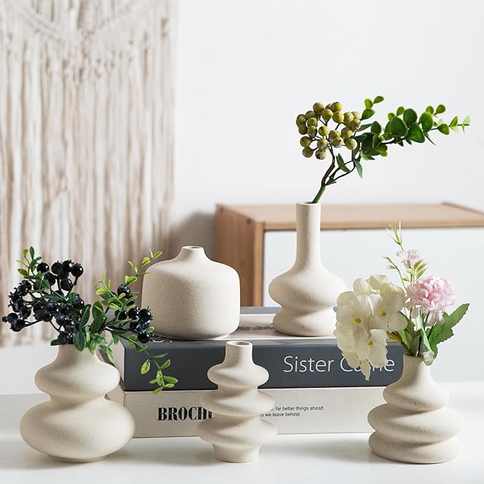 Small White Ceramic Vases Set of 5, Mini Decorative Boho Vases for Flower, Wedding & Home Decor
