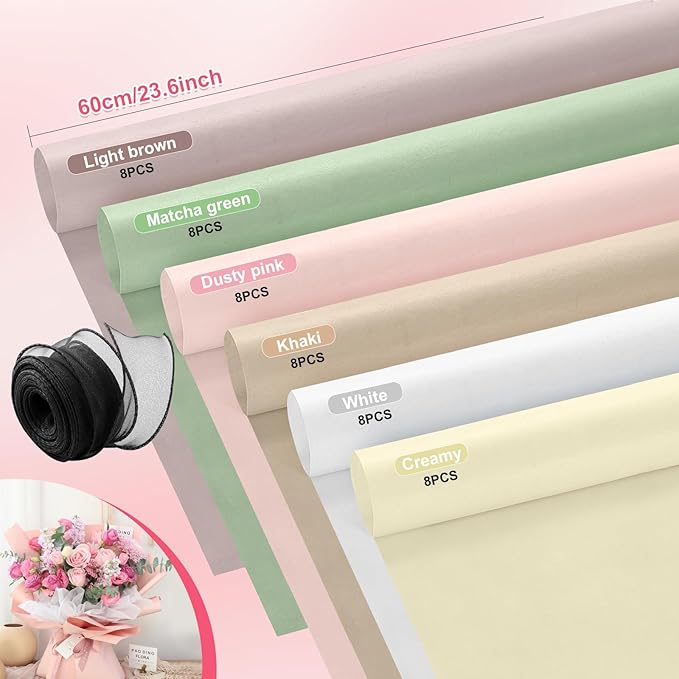 VinTS 48 Sheets 23.6x23.6in Cotton Wrapping Flower Lining Paper,Korean Style Of Waterproof Floral Bouquet Lining Paper Withdrawable Pleated Wrapping Paper Gift Packaging Paper,6 Colors