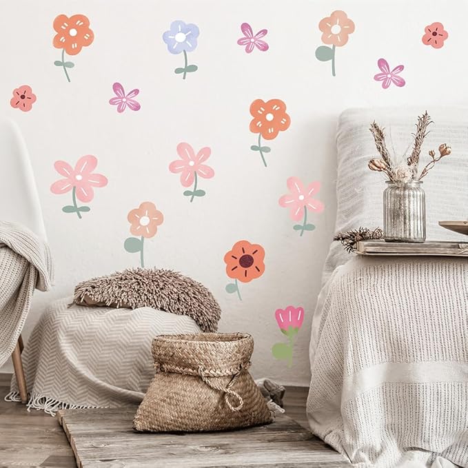 90PCS Pastel Floral Wall Decals – 10 Sheets Peel & Stick Vinyl Wall Stickers (Sizes 2.2"-4.5"), Pastel Removable Boho Aesthetic Flower Wall Art for Nursery, Kids Girls Bedroom, Dorm & Home Decor