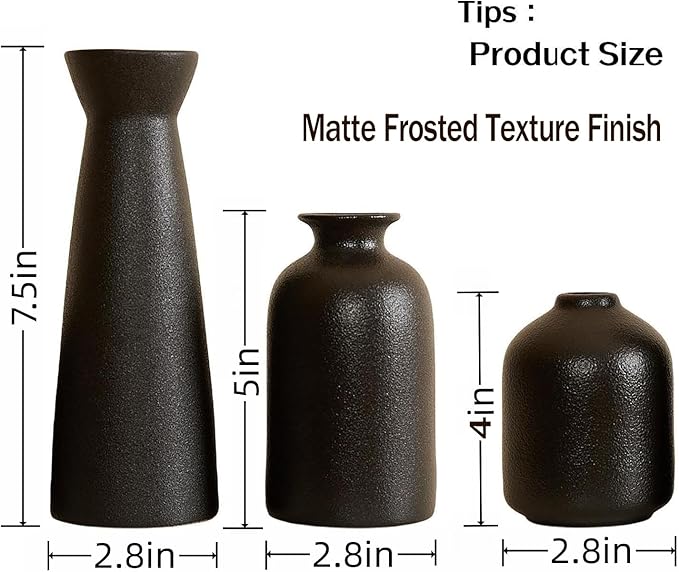Black Ceramic Vase Set of 3,Small Boho Vase for for Decor,Matte Frosted Texture Finish,Modern Rustic Farmhouse Home Decor,Decorative vase for Pampas Grass&Dried Flowers,Shelf,Table,Mantel,Entryway