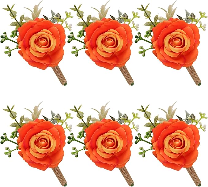 Burnt Orange Rose Boutonniere for Men Wedding Set of 6 Groom Groomsmen Best Man Artificial Flowers Boutonniere for Wedding Ceremony Anniversary Prom Flowers Formal Dinner Party (Orange)