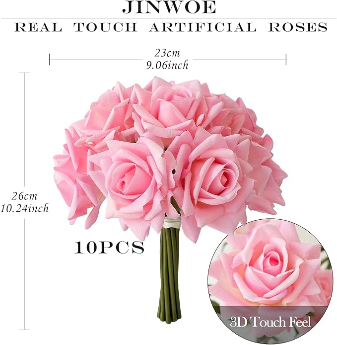 10pcs Real Touch Roses Stems Artificial Flowers, Pink Lifelike Full Bridal Bouquet for Flower Arrangement Spring Home Party Wedding Decoration
