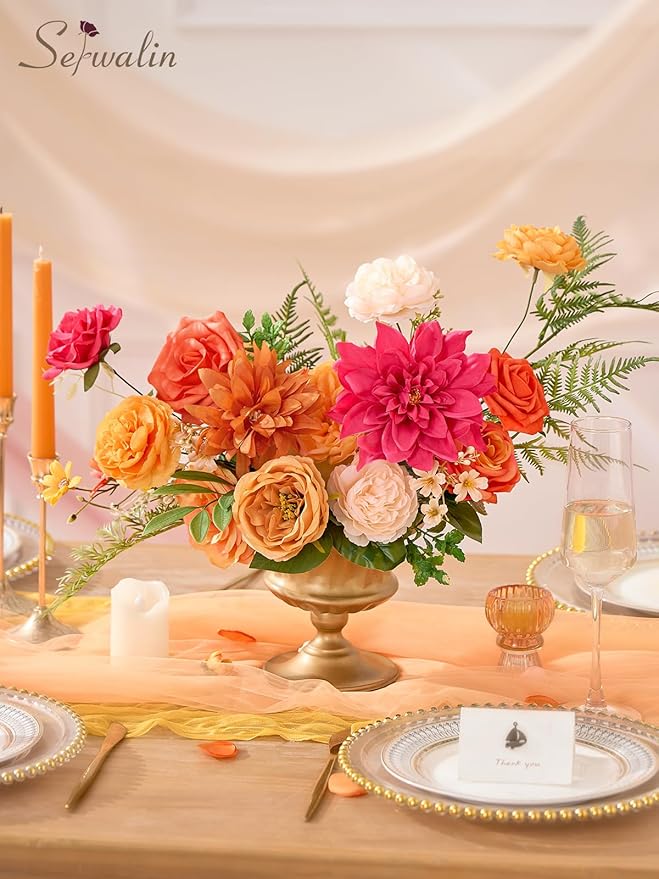 Serwalin Artificial Fall Flowers, Orange & Magenta Silk Fake Flowers, Autumn Faux Flowers for Wedding Bouquet, Table Centerpieces, Home Decor
