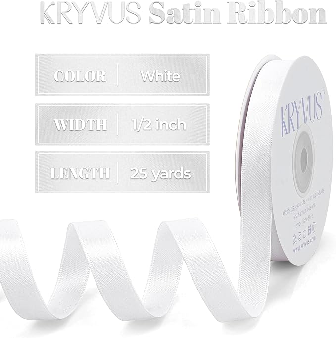 White Satin Ribbon, Double Faced 1/2 Inch X 25 Yards White Ribbon, Premium Satin Ribbon for Gift Wrapping, Crafts, Hair Bow Making, Sewing, Flower Bouquet, Wedding Party Decor