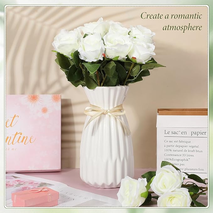 Hotop 20 Pcs Artificial Rose Flowers with Long Stem,Real Touch Silk Realistic Plastic Bouquet Roses Bulk for Home Decor Bridal Wedding Party Table Centerpieces Decorations(White)