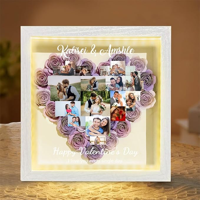 Personalized Photo Flower Shadow Box with LED Light Custom Heart Picture Collage Rose Flower Shadow Box Frame Memory Rose Display Case Gifts for Valentine's Day Christmas Birthday