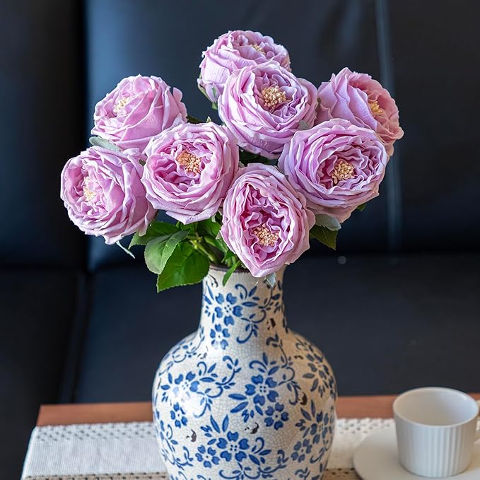 Fake Flowers for Decoration Home Decor Real Touch Artificial Flowers Austin Rose Peony Latex Fake Flower Living Room Decoration Vivid Pink Roses Peonies (Light Purple 4pcs)
