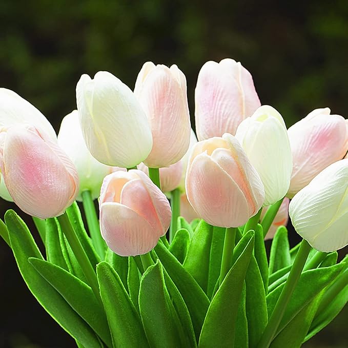 ENOVA FLORAL 20 Heads Real Touch Artificial Tulips Flowers in Vase, Mixed White and Pink Tulips Flower Arrangements with Vase and Faux Water for Home Wedding Decor, Dining Table (White Pink)