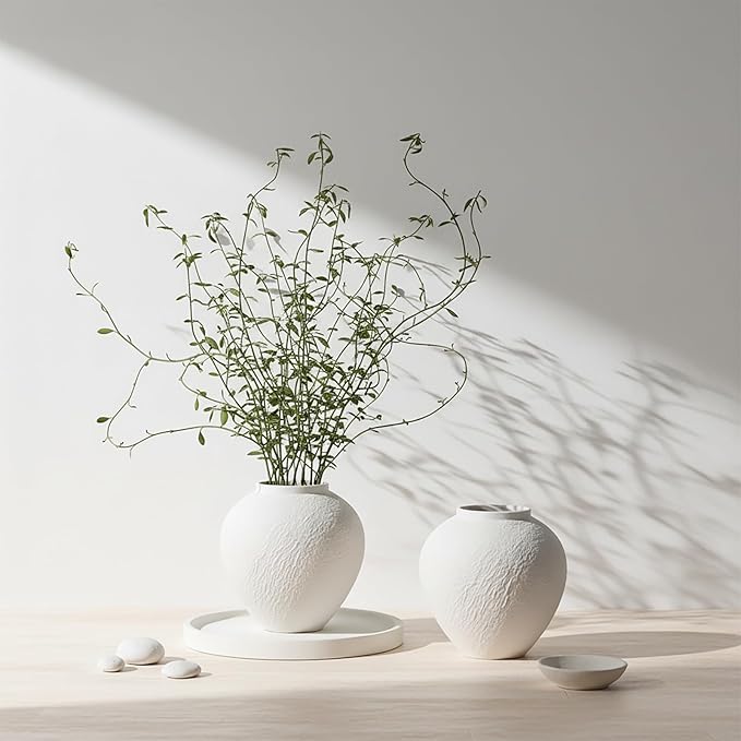 Vintage Ceramic Vase, Minimalist Texture Stone Patterned White Flower Vase, Decorative Vase for Living Room Shelf Farmhouse Dining Table Centerpiece Decor (White Texture 7.9'')