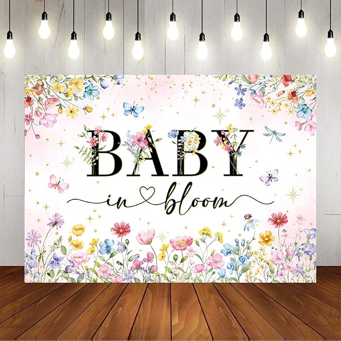 Mocsicka Wildflower Backdrop Baby in Bloom Floral Baby Shower Decorations Girls Butterfly Golden Dot A Little Wildflower is On The Way Decorations for Baby Shower Background Banner